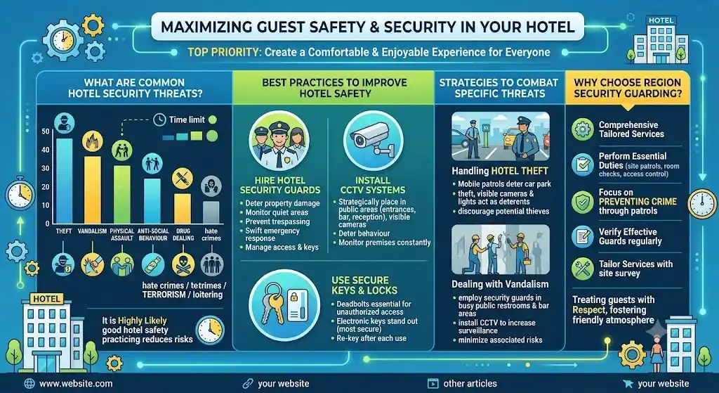 Hotel Security infographic showing hotel safety measures, security guards, CCTV systems, access control, guest protection, theft prevention, vandalism reduction, hotel security threats, and best practices for maintaining a safe hotel environment.