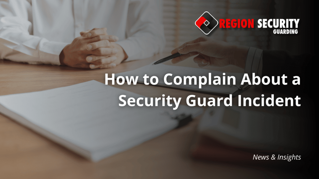 Two people filling out forms on a table, with text overlaid that says "How to Complain About a Security Guard Incident"