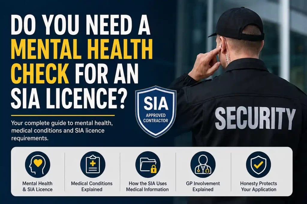 Security officer with the title Mental Health Check for an SIA Licence, explaining medical requirements, mental health conditions and the SIA licence application process.