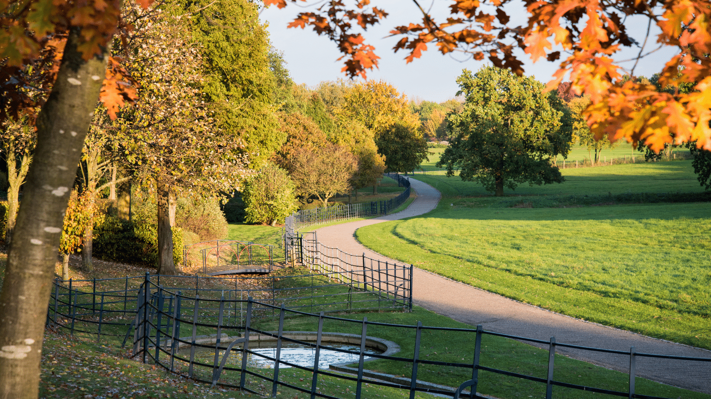 Milton Keynes park pathway with green landscape showing a peaceful residential area and a public safety environment