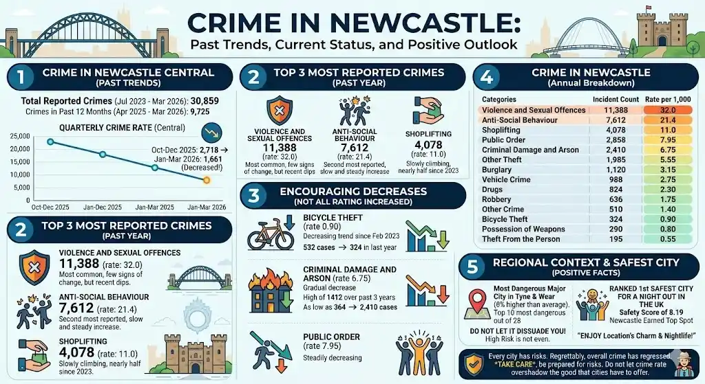 Newcastle Crime Rate infographic showing violent crime, anti-social behaviour, shoplifting, and annual crime data in Newcastle