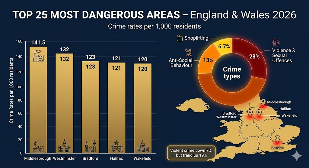 Crime statistics infographic showing the most dangerous areas in England and Wales with crime rates and types