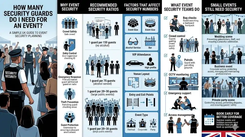 Infographic explaining how many security guards are needed for an event, including crowd ratios, event safety, and security planning tips