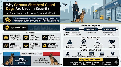 Infographic showing why German Shepherd guard dogs are used in security, including traits, roles, and capabilities