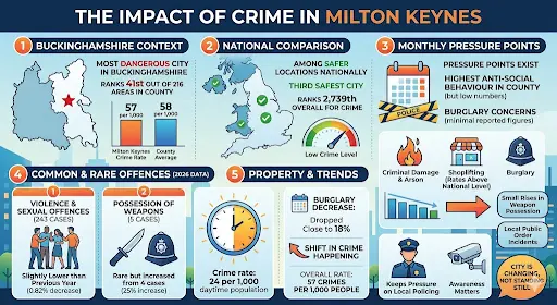 Infographic showing crime rate trends and safety insights in Milton Keynes, including burglary and anti-social behaviour
