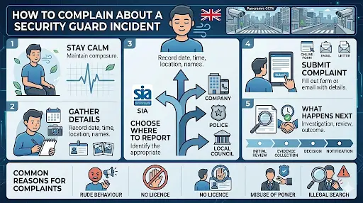 Step-by-step infographic explaining how to report a security guard incident in the UK