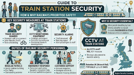 Duties of railway security infographic showing train station security measures, CCTV patrols, alarms, and safety roles in the UK