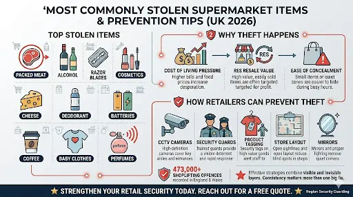 Most common stolen items from supermarket theft infographic with top products, theft reasons, and prevention tips UK 2026