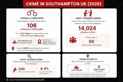 Infographic showing crime in Southampton UK, including crime rate statistics, common offences, and safety concerns in 2026