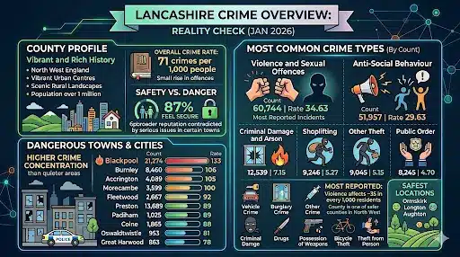 Most Dangerous Areas in Lancashire infographic showing Lancashire crime rates, dangerous towns, and common crime statistics for 2026