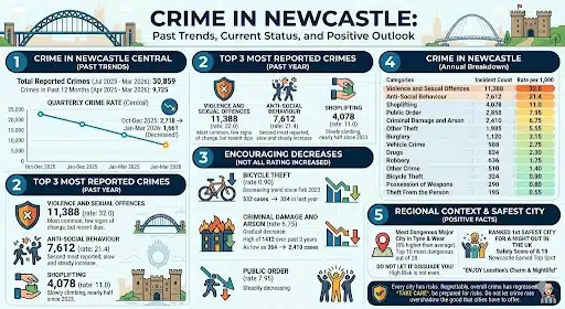 Newcastle Crime Rate infographic showing violent crime, anti-social behaviour, shoplifting, and annual crime data in Newcastle