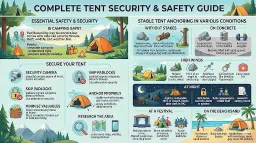 Large camping field showing secure tent setup ideas and outdoor camping safety for festivals and campsites