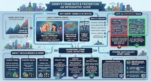 Derby Crime Rate infographic showing crime statistics, violent crime levels, anti-social behaviour, public order offences, safest and most dangerous Derby wards, business crime impacts, local crime prevention initiatives, CCTV improvements, and Derby safety guidance.