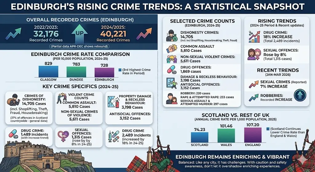 Edinburgh Crime Rate infographic showing crime statistics, recorded offences, crimes of dishonesty, assault, robbery, drug crime, sexual offences, rising crime trends, and Edinburgh crime rate comparisons with Glasgow, Dundee, Scotland, England, and Wales.