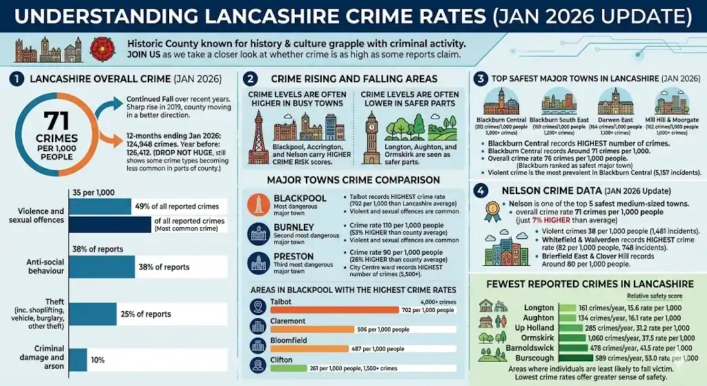 Lancashire Crime Statistics infographic showing crime rates, safest towns, violent crime levels, and major town crime comparisons in 2026