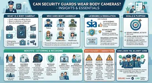 Security Guards Wear Body Cameras infographic explaining regulations, benefits, crime prevention, evidence gathering, and security industry use