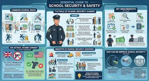 Should Security Guards Be In Schools? infographic explaining school security benefits, access control, emergency response, CCTV monitoring, and student safety