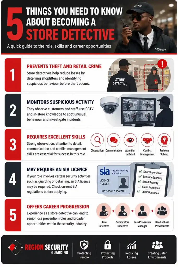 What is a store detective infographic showing responsibilities, skills, licensing requirements and career opportunities in retail security