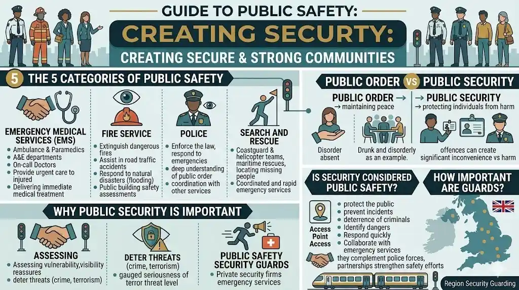 What is Public Safety infographic explaining categories like police, fire service, EMS and public security roles in community safety?