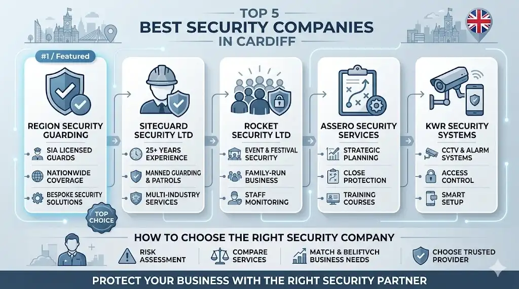 infographic of top security companies in Cardiff, including Region Security Guarding and other trusted providers