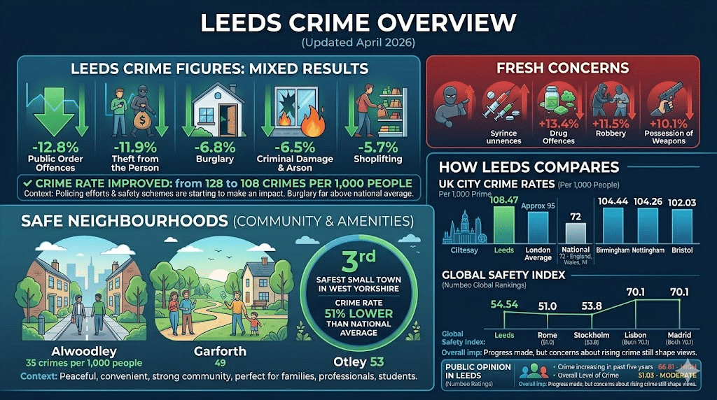Leeds crime overview infographic showing crime rates, safe neighbourhoods, burglary figures, and Leeds safety statistics