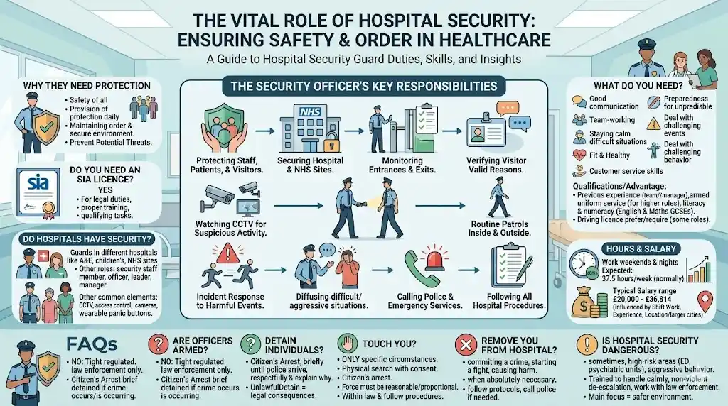 Hospitals have security guards, an infographic explaining hospital security duties, CCTV patrols, safety and SIA roles