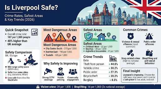 Liverpool safety infographic showing crime rates, safest areas, dangerous areas, and trends 2026