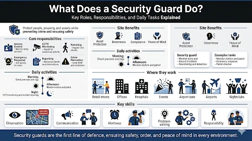 Infographic showing security guard roles, responsibilities, daily tasks, and key skills in modern security services