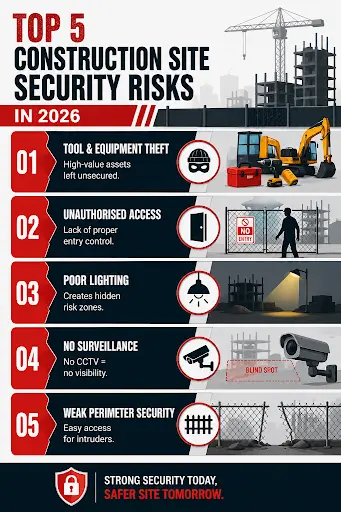 construction site security risks infographic showing theft, access control, and surveillance issues