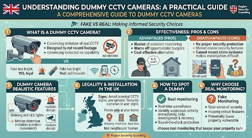 Dummy security cameras explained infographic with pros, cons, effectiveness, and UK legality