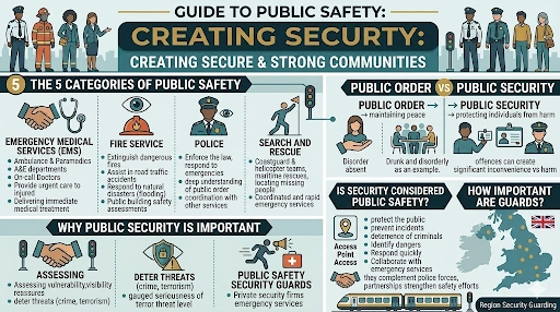 What is Public Safety infographic explaining categories like police, fire service, EMS and public security roles in community safety?