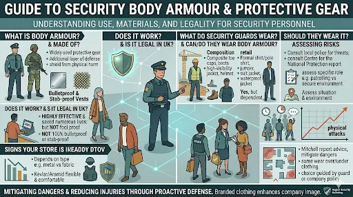 Security guards wear body armour infographic explaining the use of materials, legality, and protective gear for security staff