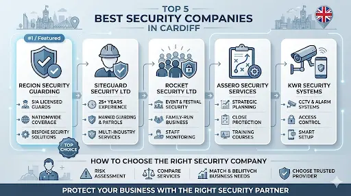 infographic of top security companies in Cardiff, including Region Security Guarding and other trusted providers