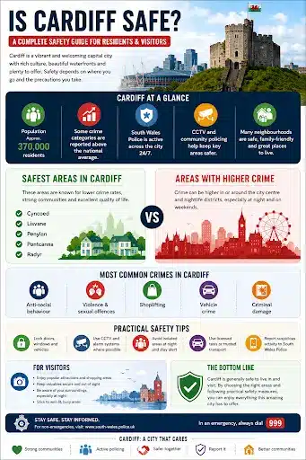 Infographic about Cardiff safety showing crime rates, safest areas, common crimes, and safety tips in Cardiff, UK