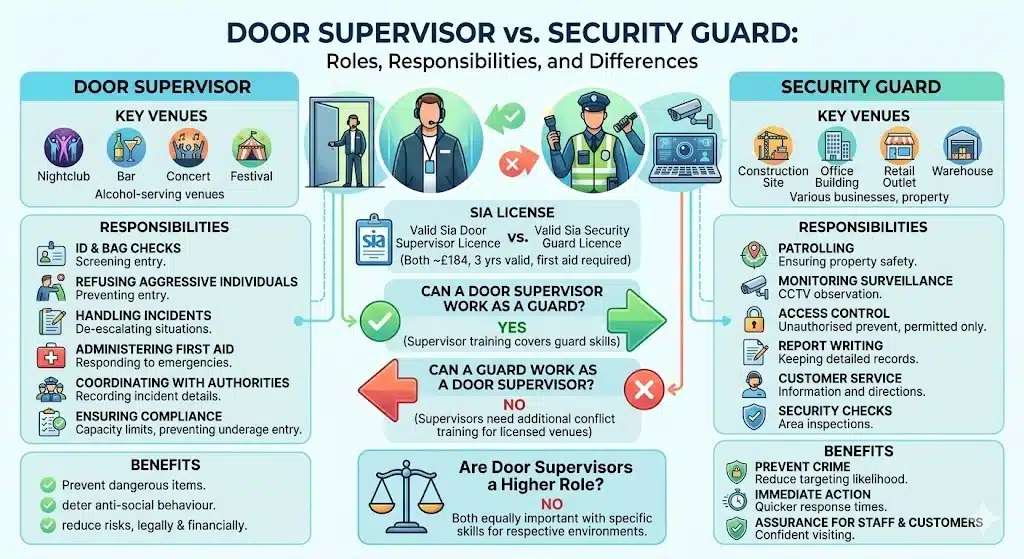 Differences Between Door Supervisors And Security Guards infographic showing licences, responsibilities, work environments, and security roles in the UK