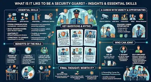 What is it like to be a security guard? An infographic covering daily duties, skills, career opportunities, training, and working in the UK security industry