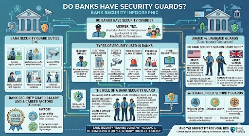 Bank Security Guards Carry Guns infographic covering armed and unarmed guards, bank security measures, CCTV, alarms, and security officer duties