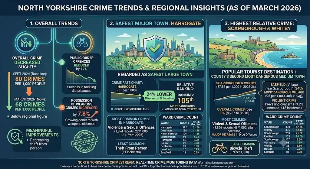 North Yorkshire Crime infographic showing regional crime trends, safest areas in North Yorkshire, crime comparisons between Harrogate and Scarborough, and local crime statistics for 2026.