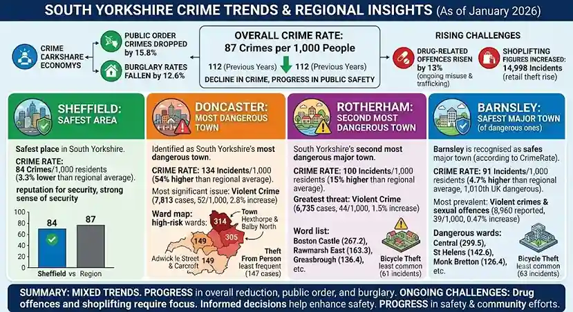 Crime in South Yorkshire infographic showing regional crime rates, crime trends, Sheffield safety statistics, Doncaster crime hotspots, Rotherham crime data, Barnsley crime insights, burglary trends, shoplifting figures, and public safety information for 2026.