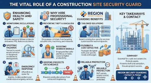 Construction site security guard infographic showing health and safety monitoring, hazard detection and reliable construction site protection services