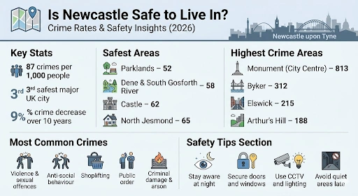 Newcastle crime rates infographic 2026 showing the safest areas, the highest crime areas and common crimes