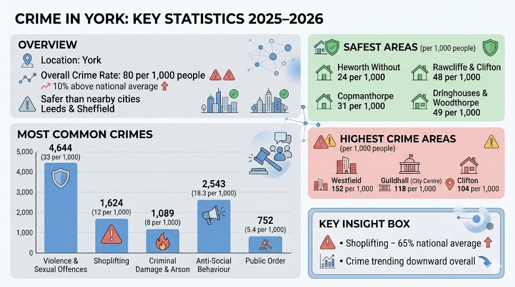Crime in York statistics 2025 2026 infographic showing crime rates, safest areas, highest crime areas, and common offences