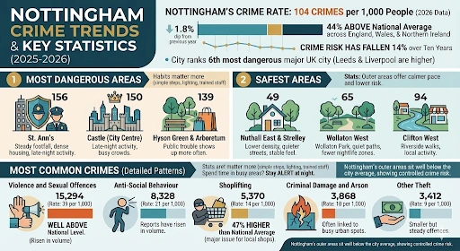 Nottingham crime trends 2025 2026 statistics infographic showing crime rate in the safest areas, and the most dangerous areas