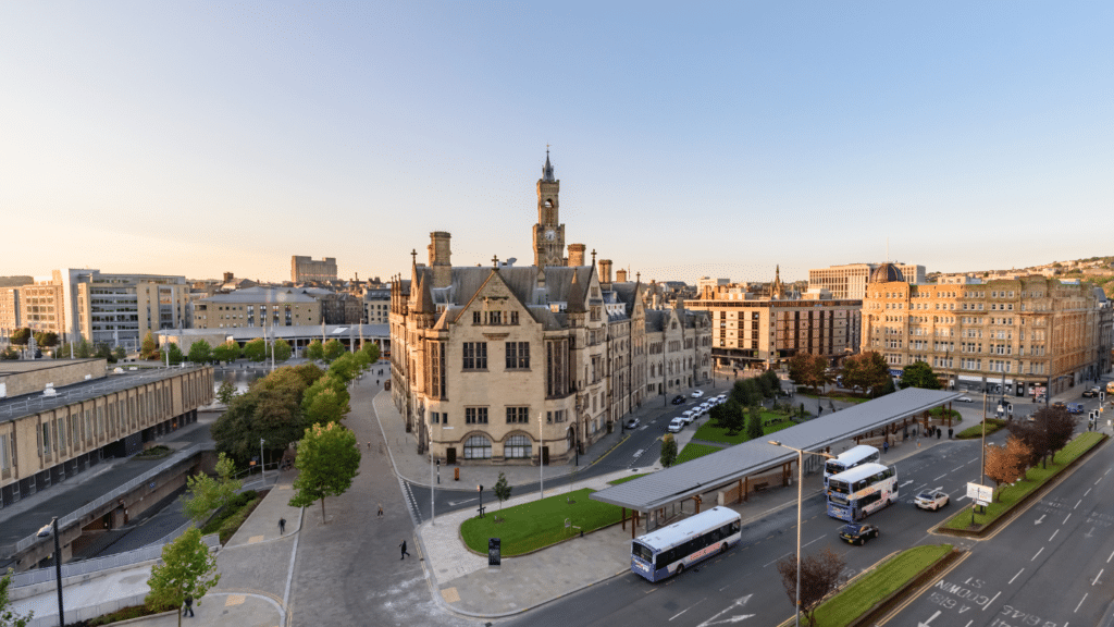 A photo of Bradford city centre at sunrise.
