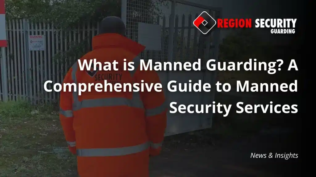 Our security guard from behind, in an orange high-visibility jacket, standing in front of a gate, with text saying 'What is Manned Guarding'