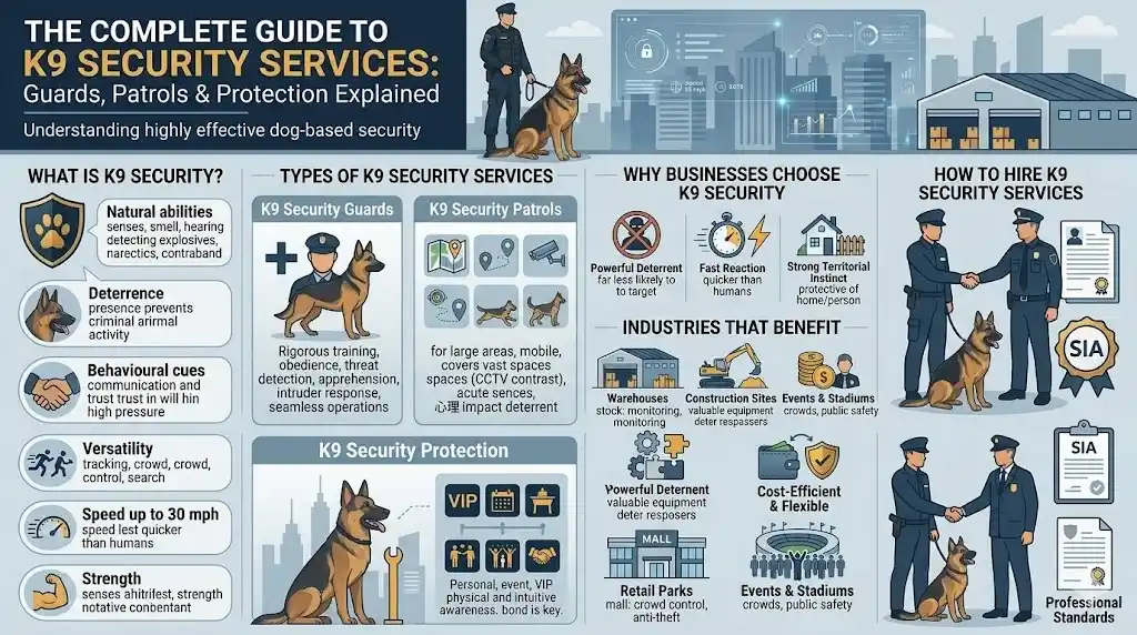 K9 security services infographic showing guards, patrols, protection roles, benefits, industries and hiring process