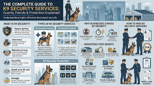 K9 security services infographic showing guards, patrols, protection roles, benefits, industries and hiring process
