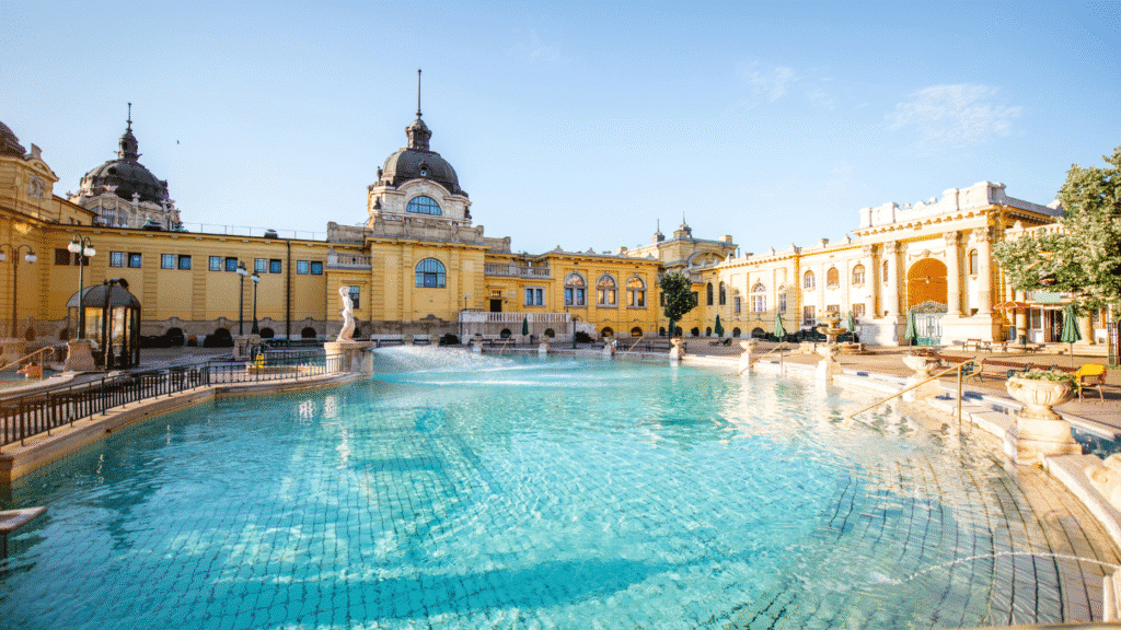 A well-maintained thermal bath complex, suggesting a secure and cared-for environment, much like a safe Bath neighbourhood