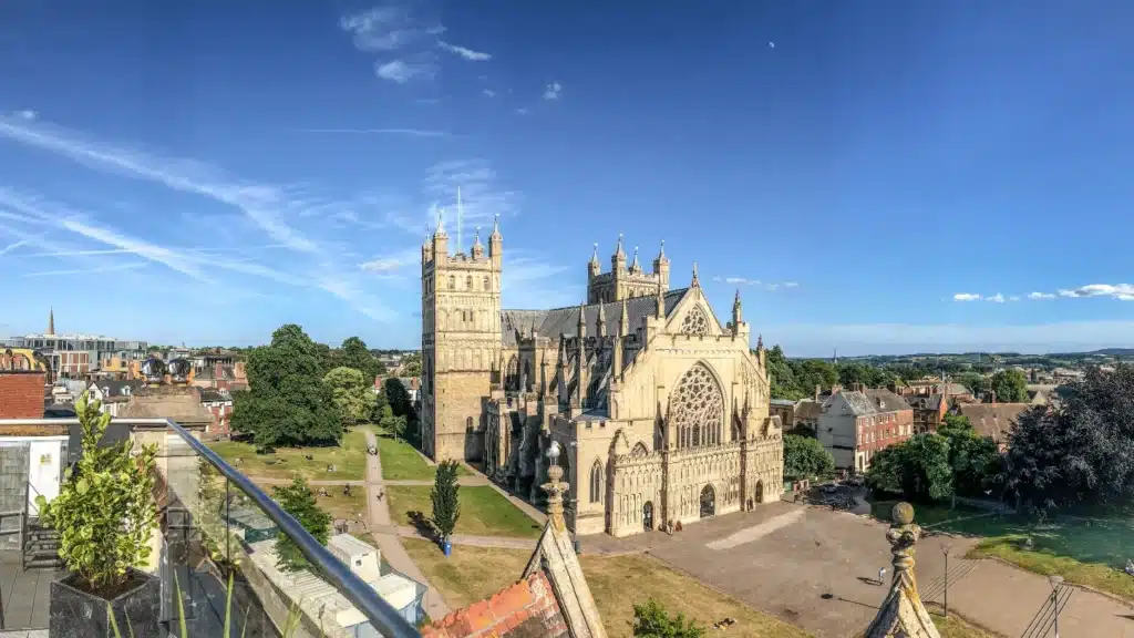 Exeter Cathedral pictured on a bright day, highlighting local safety concerns.