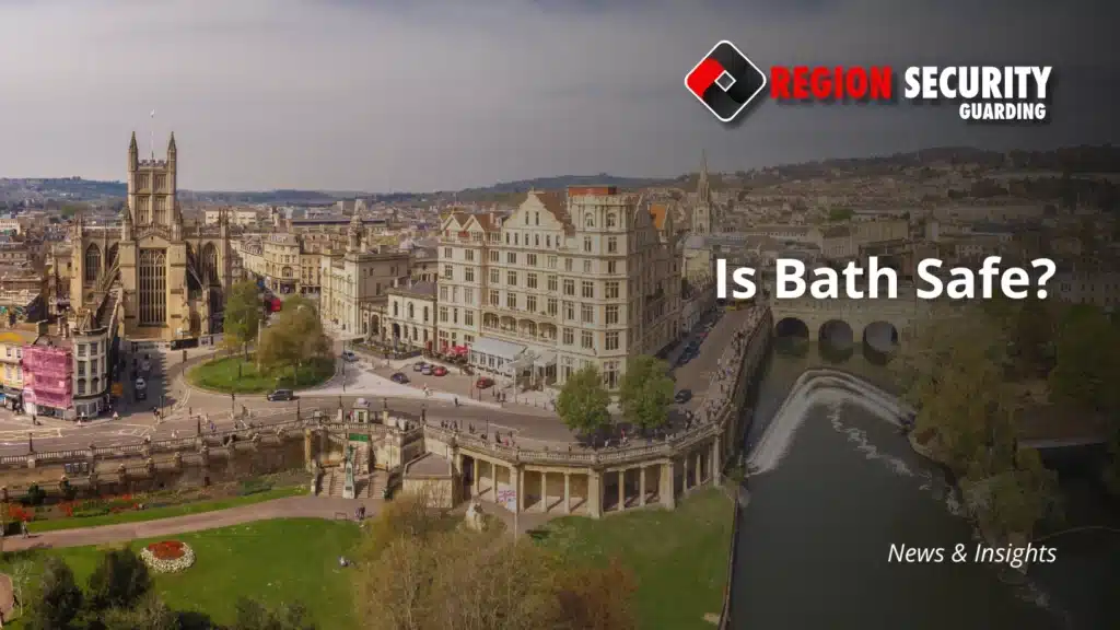 Is Bath safe? An aerial view of the city of Bath, showing the historic buildings, a park, and a river.